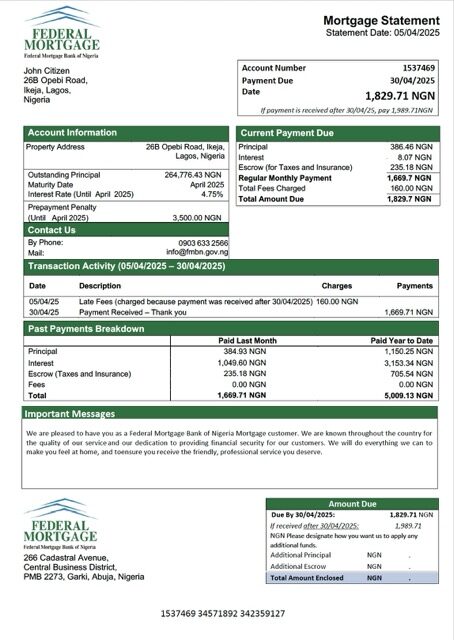 Nigeria Federal Mortgage Bank of Nigeria mortgage statement Word and PDF template