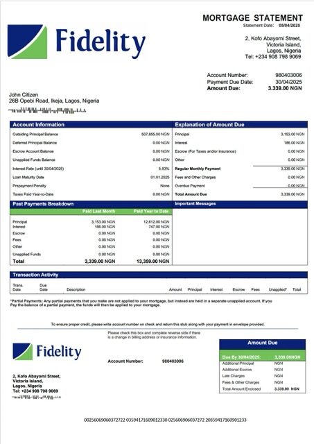 Nigeria Fidelity Bank mortgage statement Word and PDF template