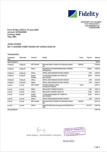 Nigeria Fidelity bank statement Word and PDF template, version 2