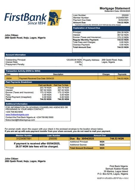 Nigeria First Bank Nigeria mortgage statement Word and PDF template