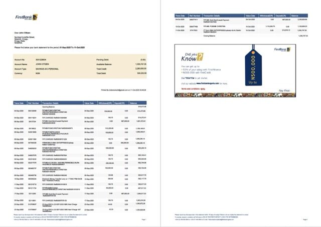 Nigeria First Bank account statement Word and PDF template, 2 pages, version 2