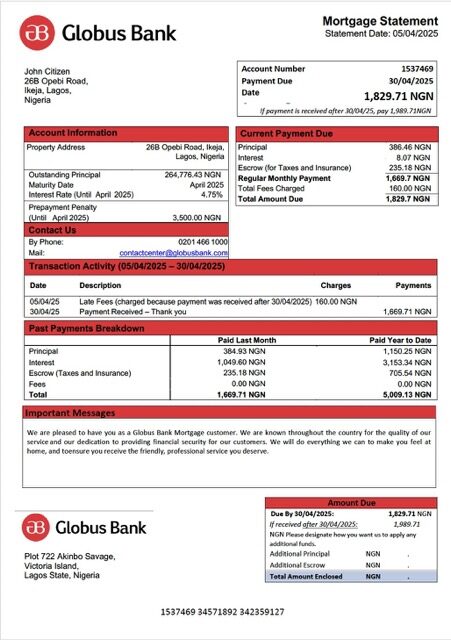 Nigeria Globus Bank mortgage statement Word and PDF template