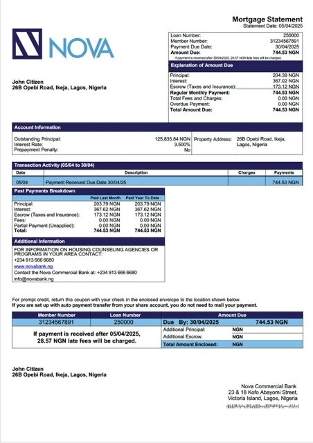 Nigeria Nova Commercial Bank mortgage statement Word and PDF template