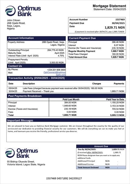 Nigeria Optimus Bank mortgage statement Word and PDF template