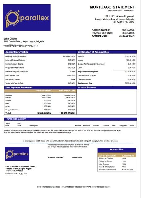 Nigeria Parallex Bank mortgage statement Word and PDF template