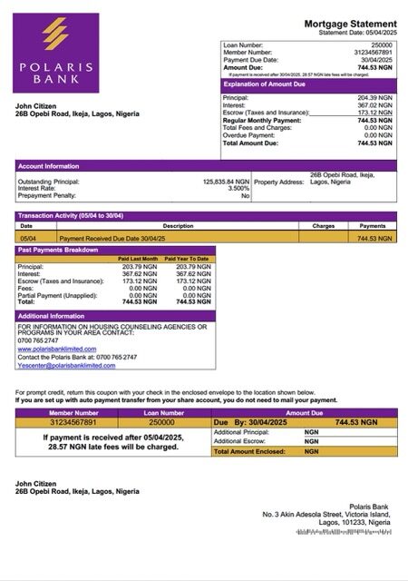 Nigeria Polaris Bank mortgage statement Word and PDF template