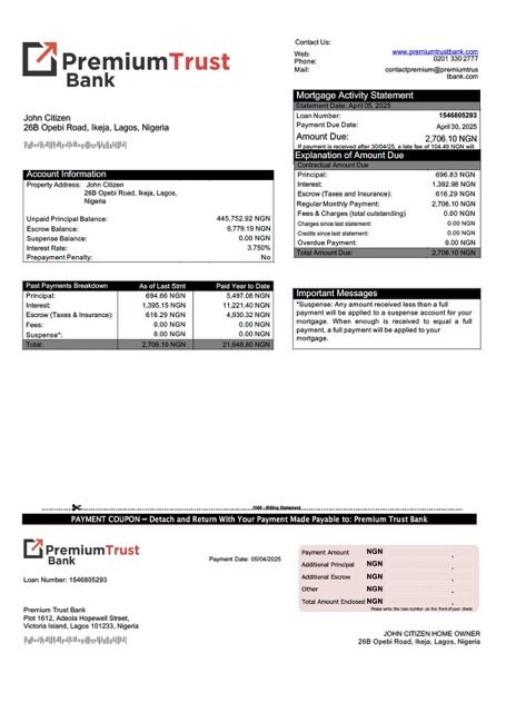 Nigeria Premium Trust Bank mortgage statement Word and PDF template