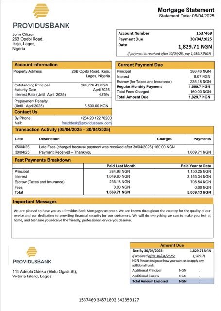 Nigeria Providus Bank mortgage statement Word and PDF template