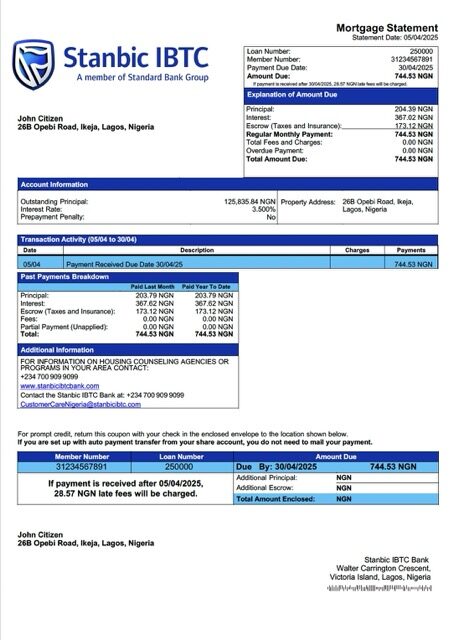 Nigeria Stanbic IBTC Bank mortgage statement Word and PDF template