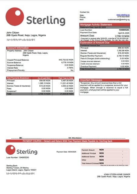 Nigeria Sterling Bank mortgage statement Word and PDF template