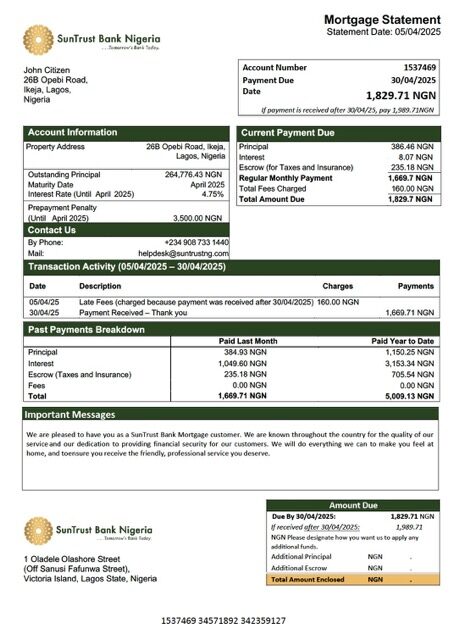 Nigeria SunTrust Bank mortgage statement Word and PDF template