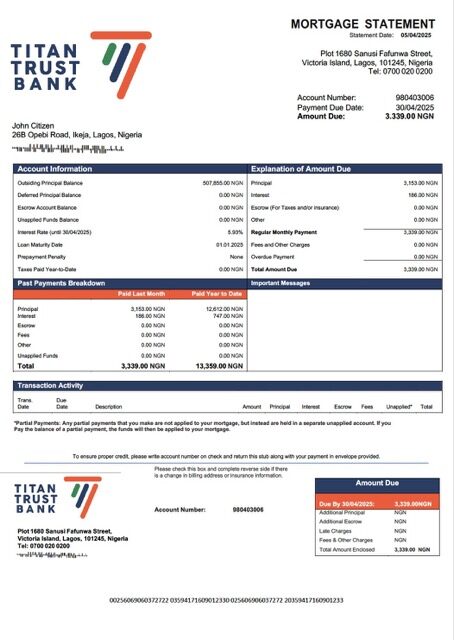 Nigeria Titan Trust Bank mortgage statement Word and PDF template