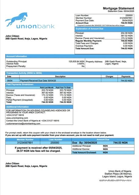 Nigeria Union Bank of Nigeria mortgage statement Word and PDF template