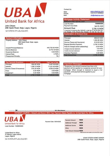 Nigeria United Bank for Africa mortgage statement Word and PDF template