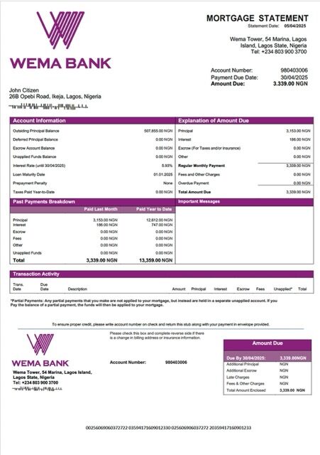 Nigeria Wema Bank mortgage statement Word and PDF template