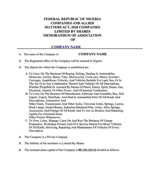 Nigeria certificate of registration Word and PDF template