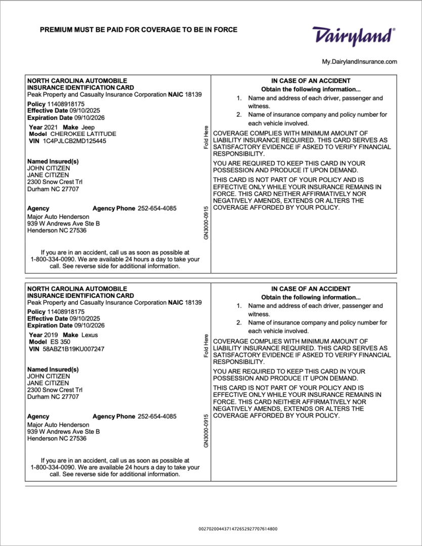 North Carolina Automobile Insurance identification card Word and PDF template