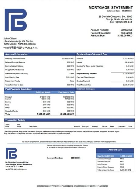 North Macedonia Development Bank of North Macedonia mortgage statement Word and PDF template