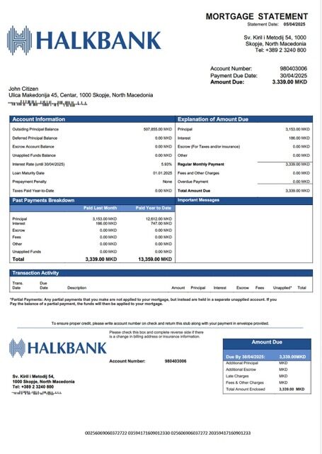 North Macedonia Halkbank mortgage statement Word and PDF template