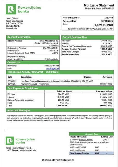 North Macedonia Komercijalna Banka mortgage statement Word and PDF template