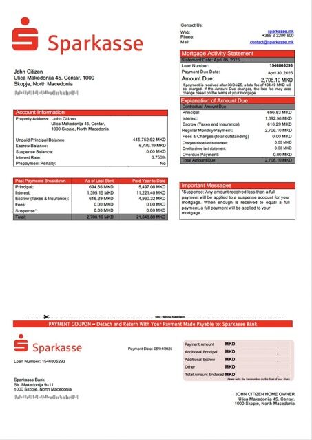 North Macedonia Sparkasse Bank mortgage statement Word and PDF template