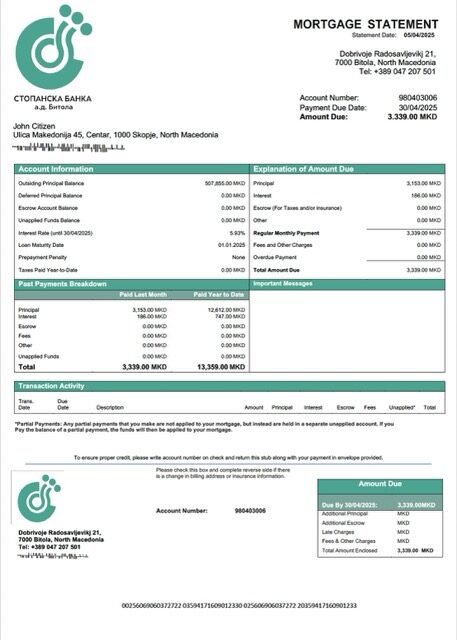 North Macedonia Stopanska Banka AD Bitola mortgage statement Word and PDF template