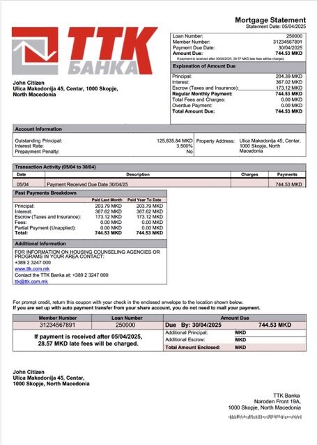 North Macedonia TTK Banka mortgage statement Word and PDF template