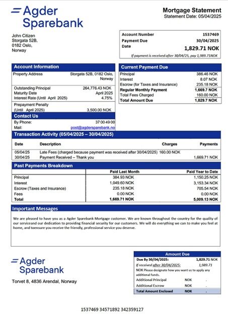 Norway Agder Sparebank mortgage statement Word and PDF template