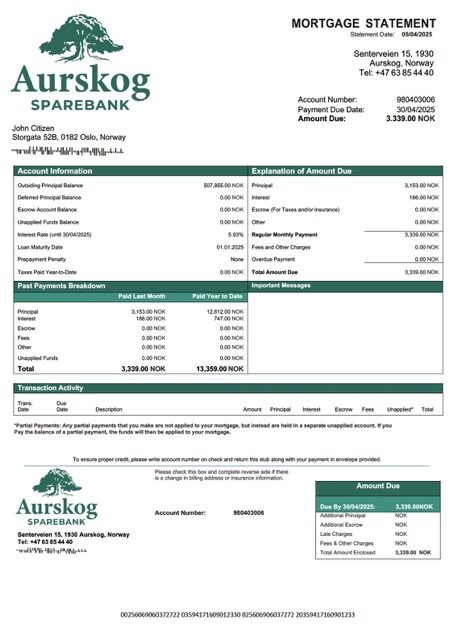 Norway Aurskog Sparebank mortgage statement Word and PDF template