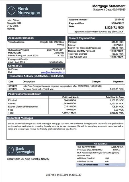 Norway Bank Norwegian mortgage statement Word and PDF template