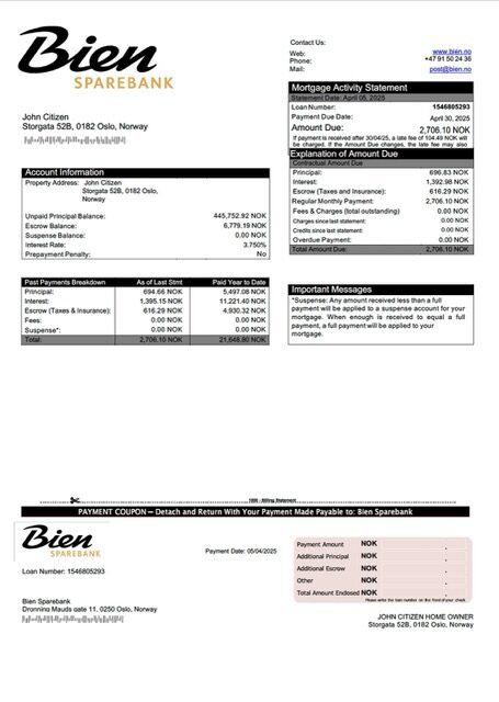 Norway Bien Sparebank mortgage statement Word and PDF template