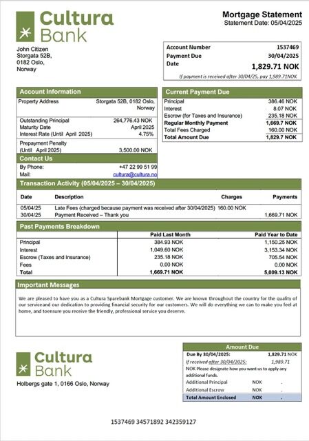 Norway Cultura Sparebank mortgage statement Word and PDF template