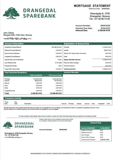 Norway Drangedal Sparebank mortgage statement Word and PDF template