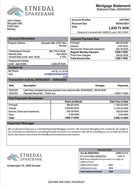 Norway Etnedal Sparebank mortgage statement Word and PDF template