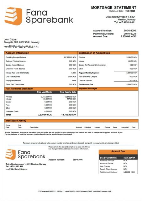 Norway Fana Sparebank mortgage statement Word and PDF template