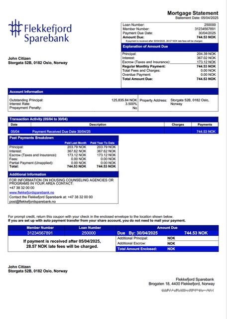 Norway Flekkefjord Sparebank mortgage statement Word and PDF template