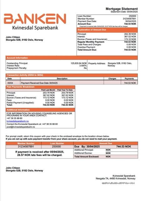 Norway Kvinesdal Sparebank mortgage statement Word and PDF template