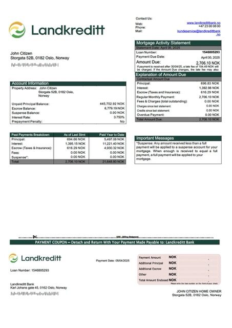 Norway Landkreditt Bank mortgage statement Word and PDF template