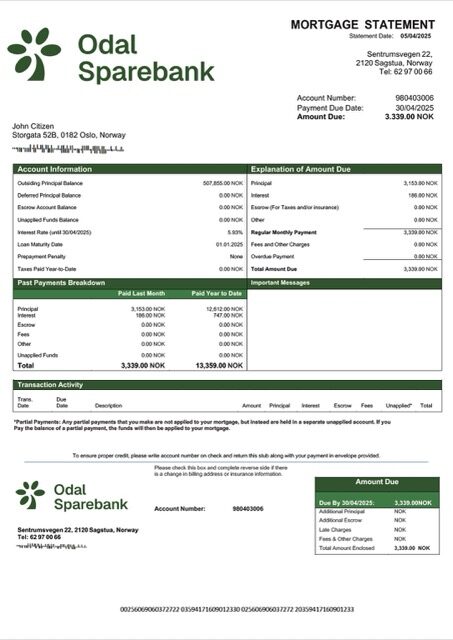 Norway Odal Sparebank mortgage statement Word and PDF template