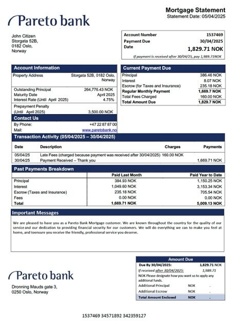Norway Pareto Bank mortgage statement Word and PDF template