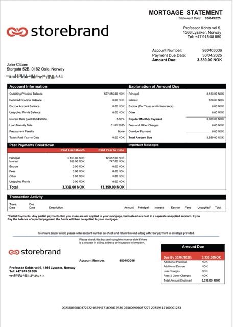 Norway Storebrand Bank mortgage statement Word and PDF template