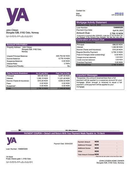 Norway yA Bank mortgage statement Word and PDF template