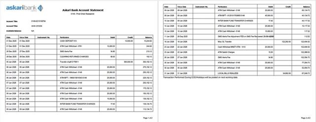 Pakistan Askari Bank account statement Word and PDF template, 2 pages