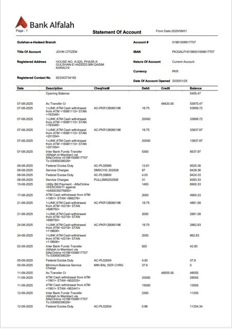 Pakistan Bank Alfalah statement of account Word and PDF template