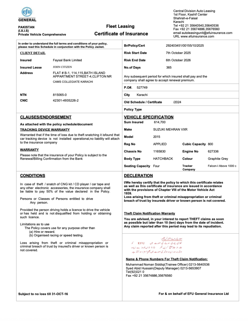 Pakistan EFU General Insurance certificate of insurance Word and PDF template