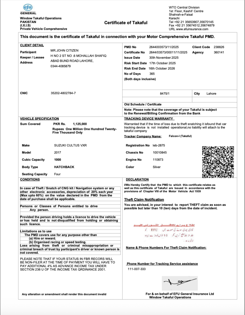 Pakistan EFU General Insurance certificate of takaful Word and PDF template