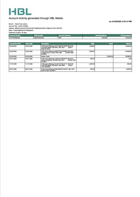 Pakistan HBL account statement Word and PDF template
