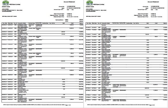 Pakistan MCB Bank account statement Word and PDF template, 2 pages