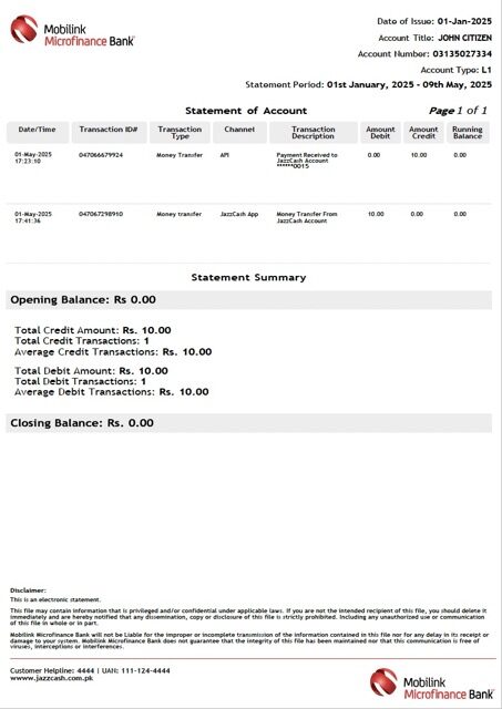 Pakistan Mobilink Microfinance Bank statement of account Word and PDF template