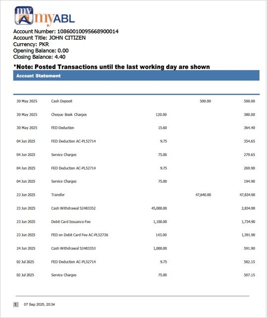 Pakistan Myabl account statement Word and PDF template